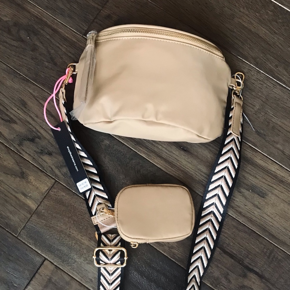 Beige Crossbody Bag with Detachable Patterned Strap - Picture 4 of 16